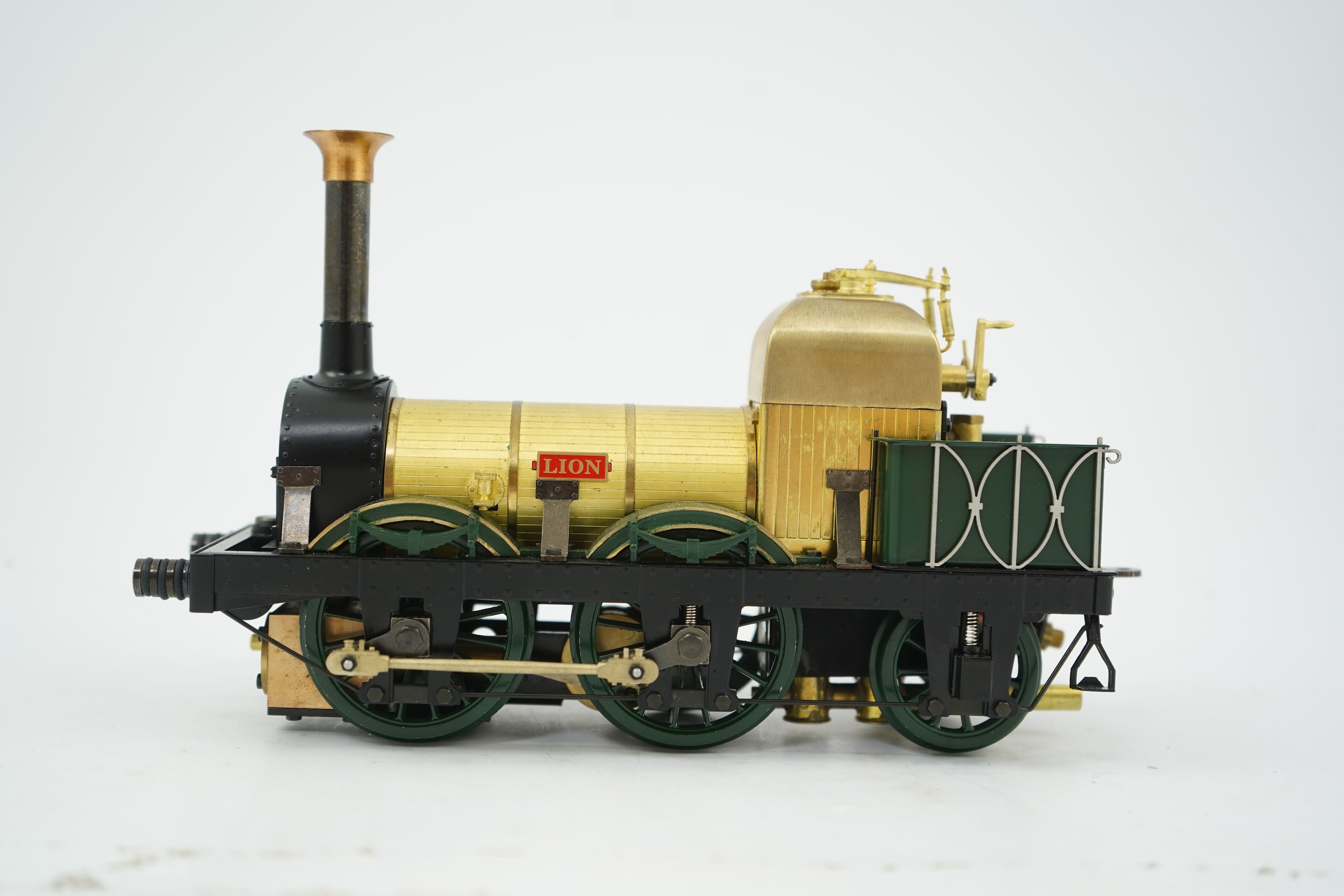 A Gauge One Aster Hobbies live steam L&M Lion, 0-4-2 locomotive, missing tender, with spirit fired slip eccentric single cylinder motion.
